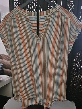 Striped Multicolor V-Neck Short Sleeve Top - Casual Summer Style